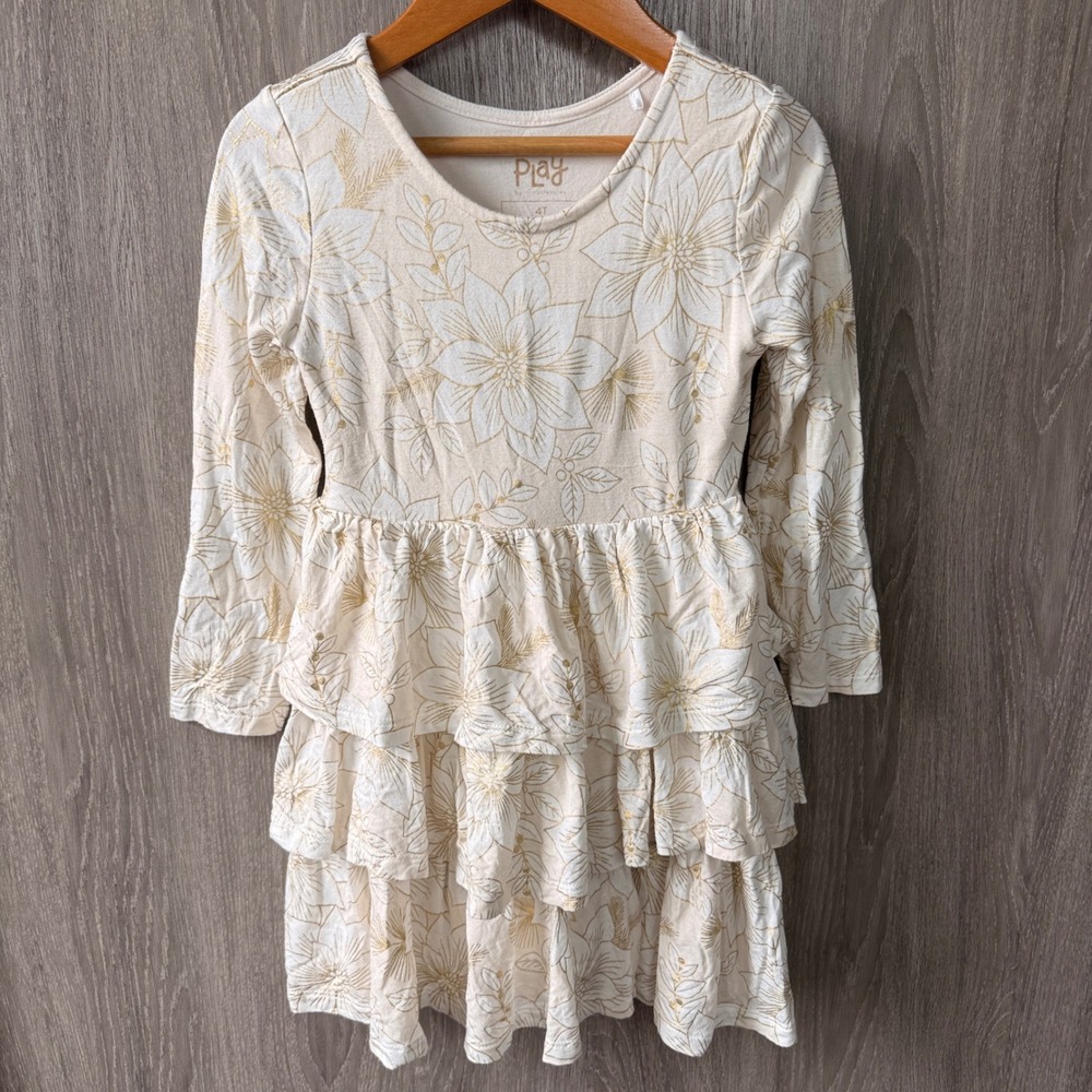 Little‎ Sleepies Play Dress Girls 4T Cream Gold Poinsettia Bamboo Ruffle Tiered